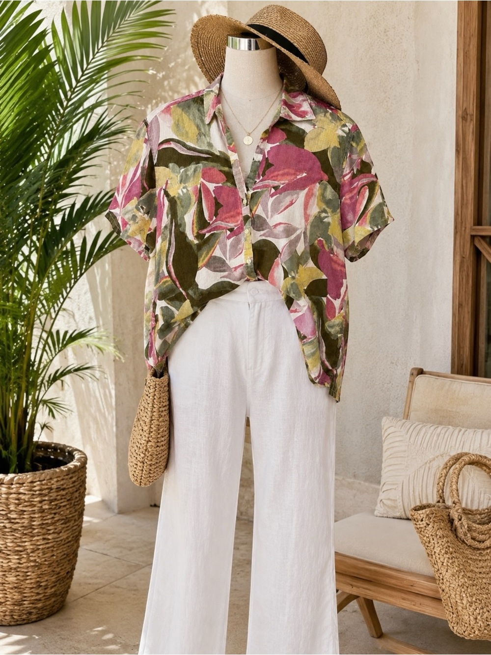 Tahari 100% Linen Floral Button Blouse Resort Vacation Beach High Low Top 1X - Picture 3 of 13